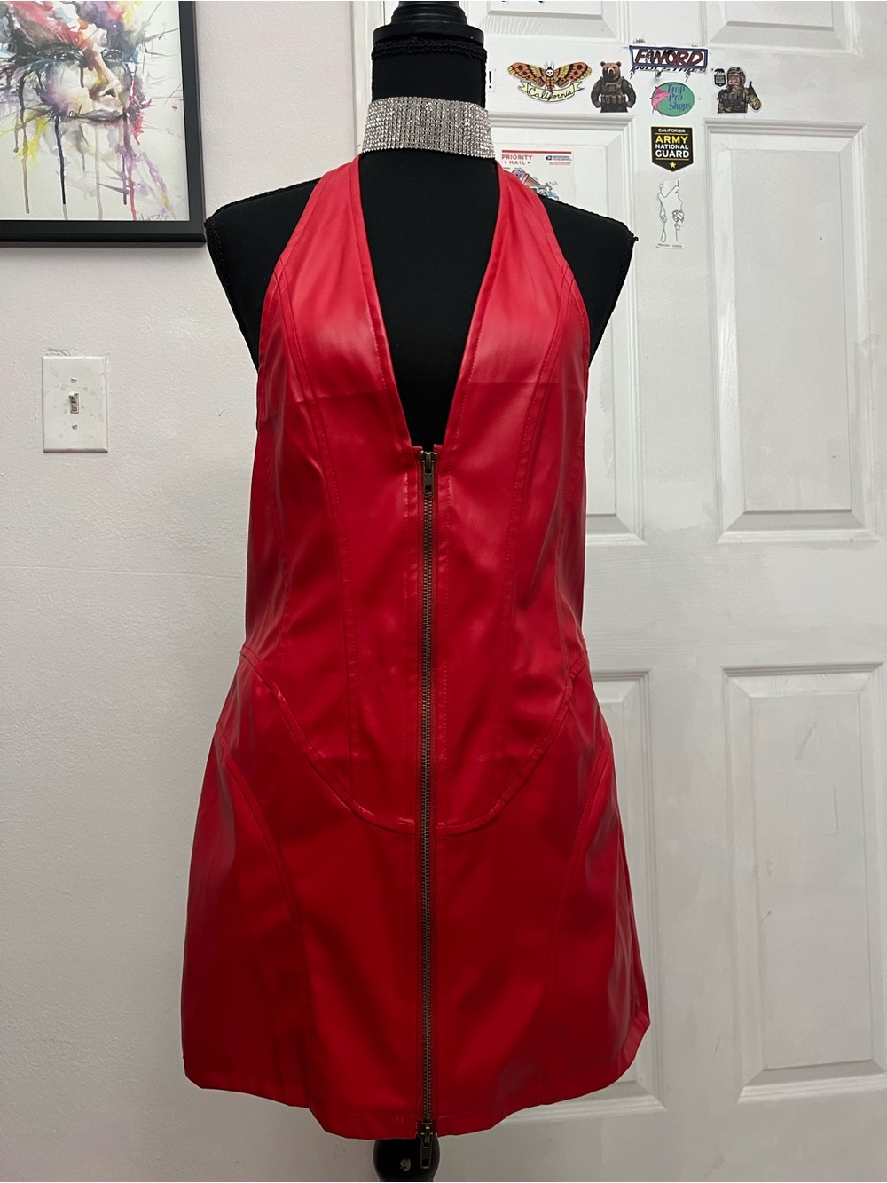 Red Faux Leather Halter Zip-Front Mini Dress